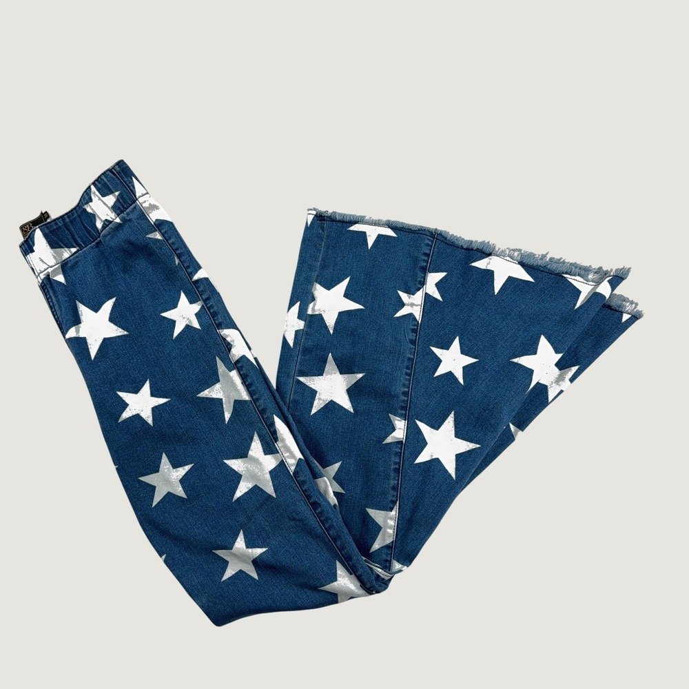 Lucky & Blessed Star Print Flare Jeans Women Blue Denim Bell Bottoms Size M